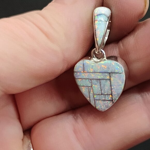 Signed SM Sterling Heart Shaped Inlay Gemstone Pendant Reversible Double Sided - Picture 3 of 11